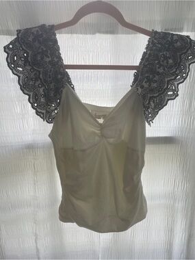 Anthropologie White Ribbed V-Neck Top with Black Lace Accent